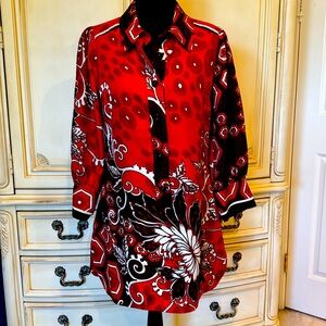 Beautiful red, black and white blouse.